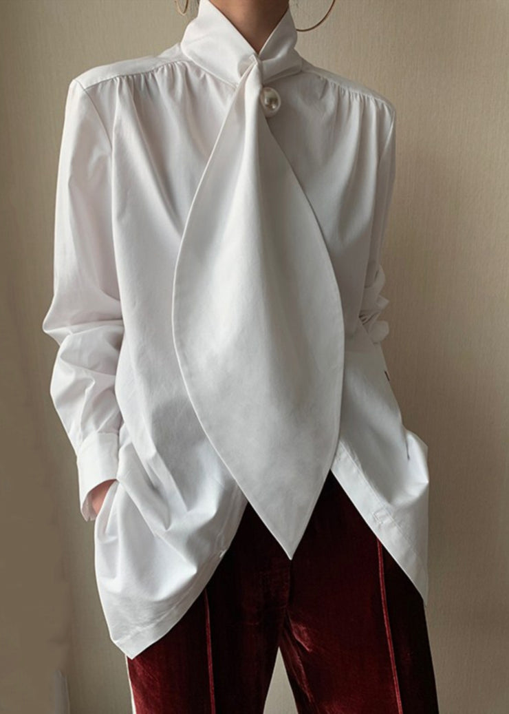 Classy White Bow Patchwork Cotton Shirts Spring