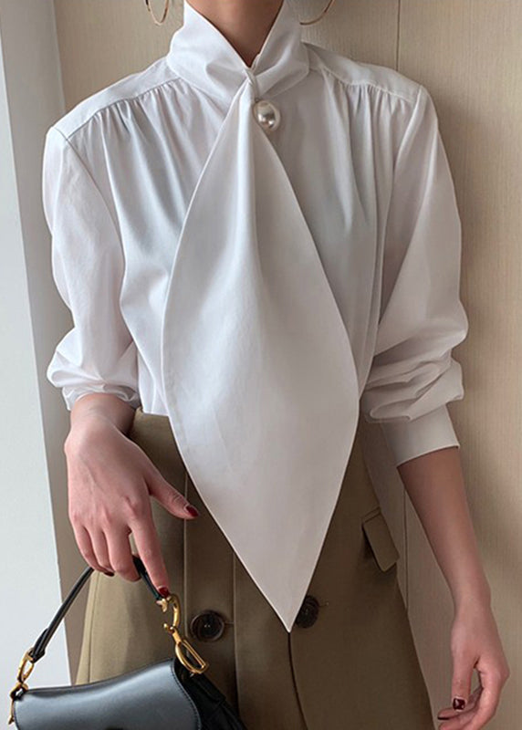 Classy White Bow Patchwork Cotton Shirts Spring