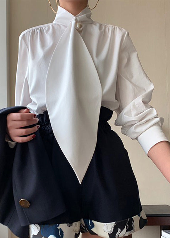 Classy White Bow Patchwork Cotton Shirts Spring