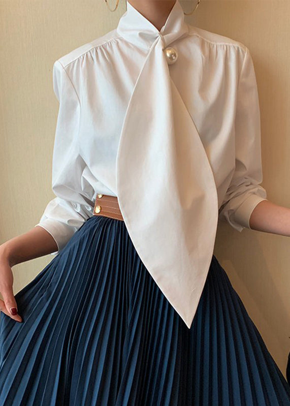 Classy White Bow Patchwork Cotton Shirts Spring