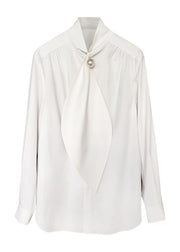 Classy White Bow Patchwork Cotton Shirts Spring