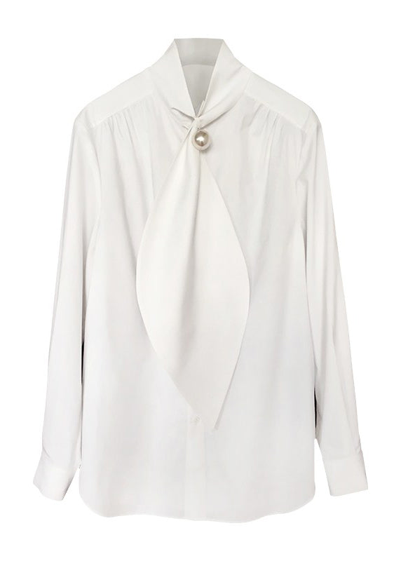 Classy White Bow Patchwork Cotton Shirts Spring