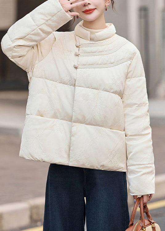 Classy White Chinese Button Jacquard Duck Down Down Coats Winter