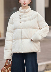 Classy White Chinese Button Jacquard Duck Down Down Coats Winter