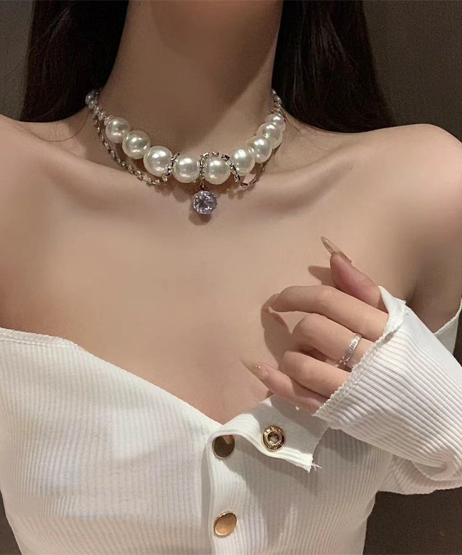 Classy White Copper Alloy Zircon Pearl Gratuated Bead Necklace