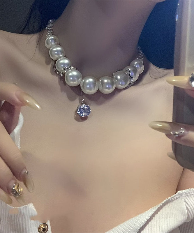Classy White Copper Alloy Zircon Pearl Gratuated Bead Necklace