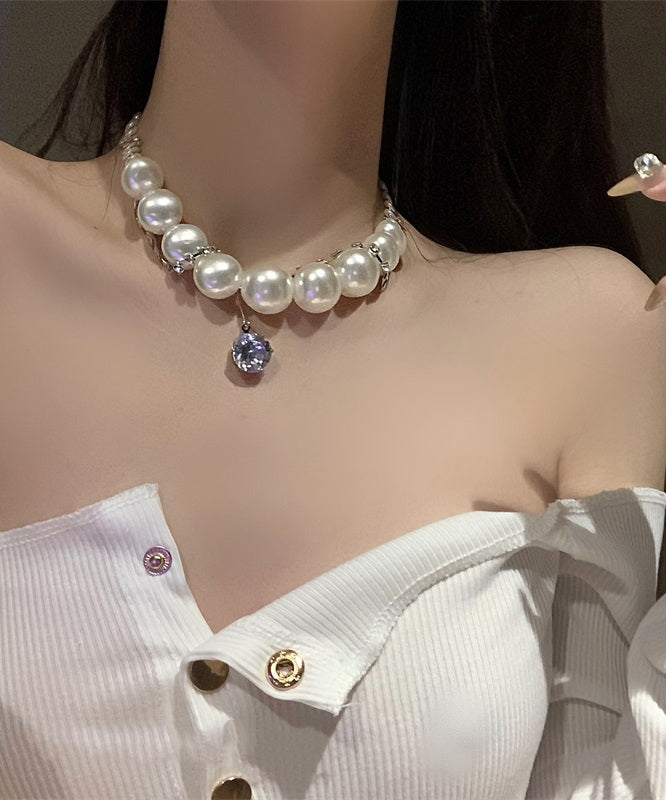 Classy White Copper Alloy Zircon Pearl Gratuated Bead Necklace