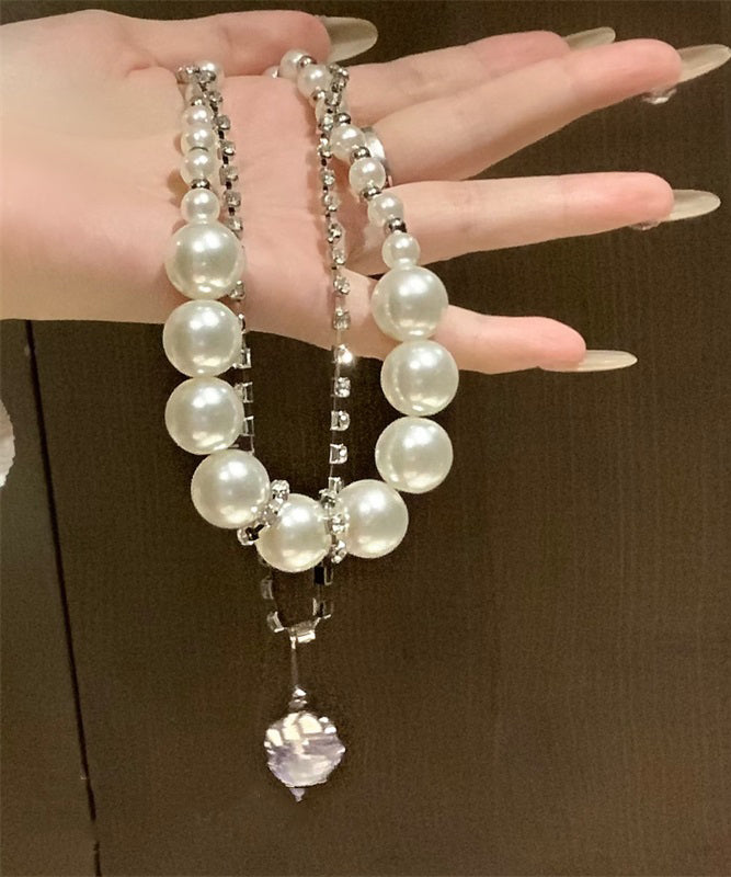 Classy White Copper Alloy Zircon Pearl Gratuated Bead Necklace