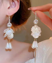 Classy White Copper Overgild Zircon Acrylic Shell Pearl Floral Tassel Drop Earrings