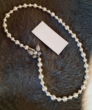 Classy White Copper Overgild Zircon Pearl Butterfly Gratuated Bead Necklace