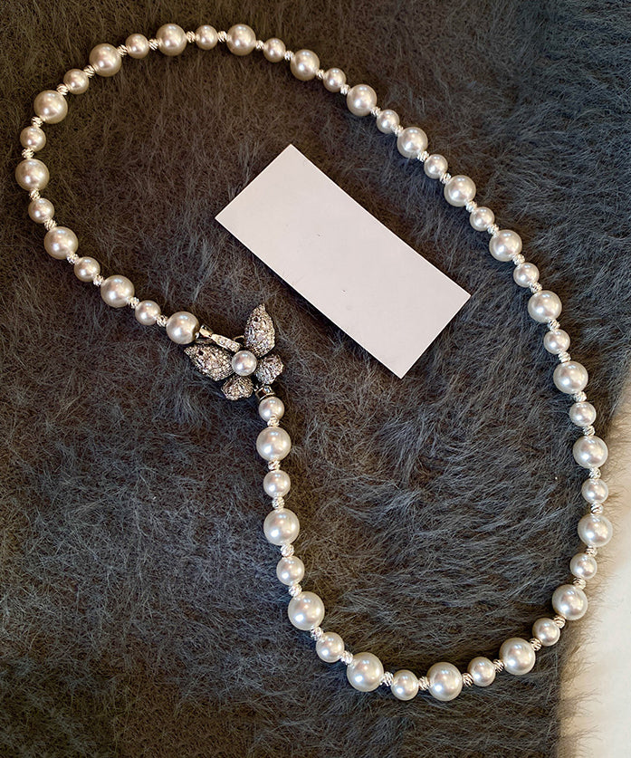 Classy White Copper Overgild Zircon Pearl Butterfly Gratuated Bead Necklace