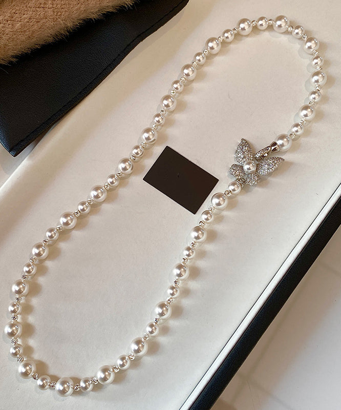 Classy White Copper Overgild Zircon Pearl Butterfly Gratuated Bead Necklace