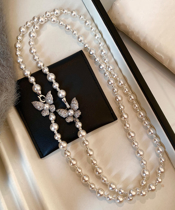 Classy White Copper Overgild Zircon Pearl Butterfly Gratuated Bead Necklace