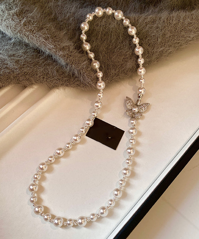 Classy White Copper Overgild Zircon Pearl Butterfly Gratuated Bead Necklace