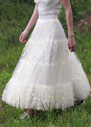 Classy White Daisy Print Exra Large Hem Tulle Beach Skirt Spring