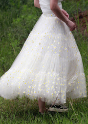 Classy White Daisy Print Exra Large Hem Tulle Beach Skirt Spring