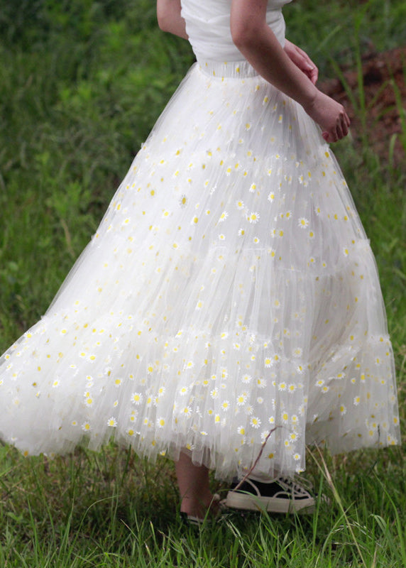 Classy White Daisy Print Exra Large Hem Tulle Beach Skirt Spring