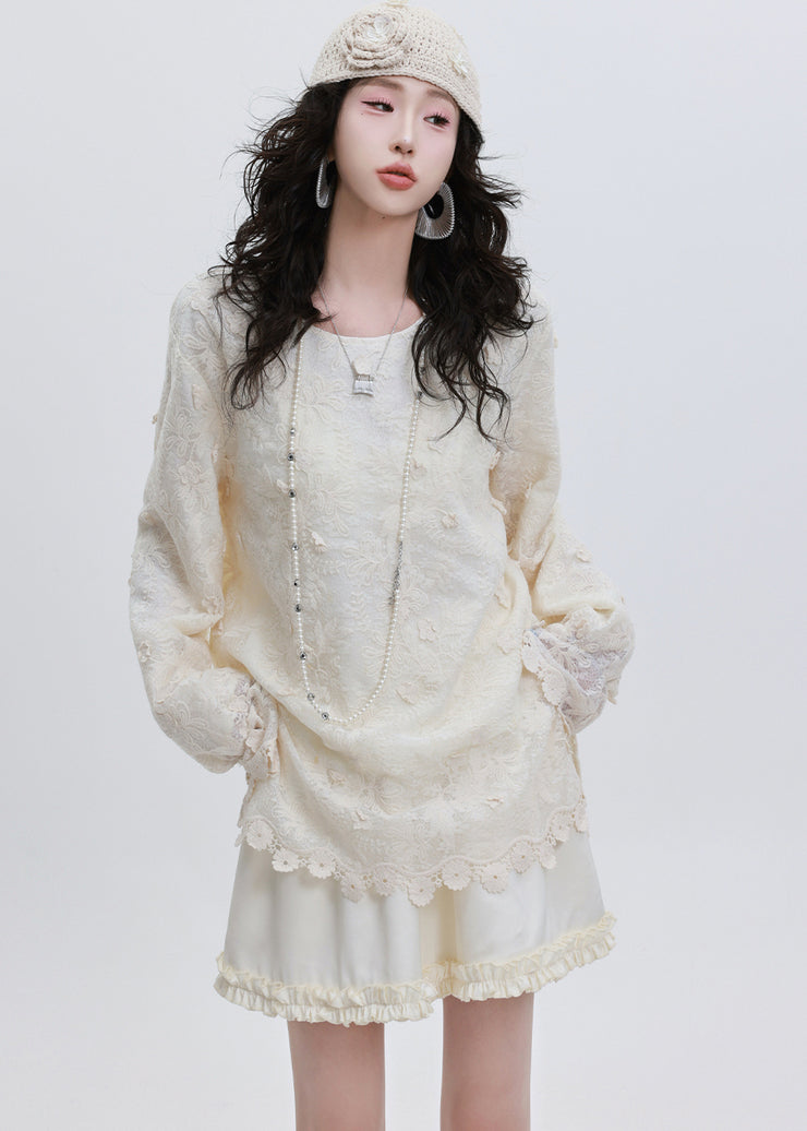 Classy White Embroidered Floral Lace Blouse Tops Spring