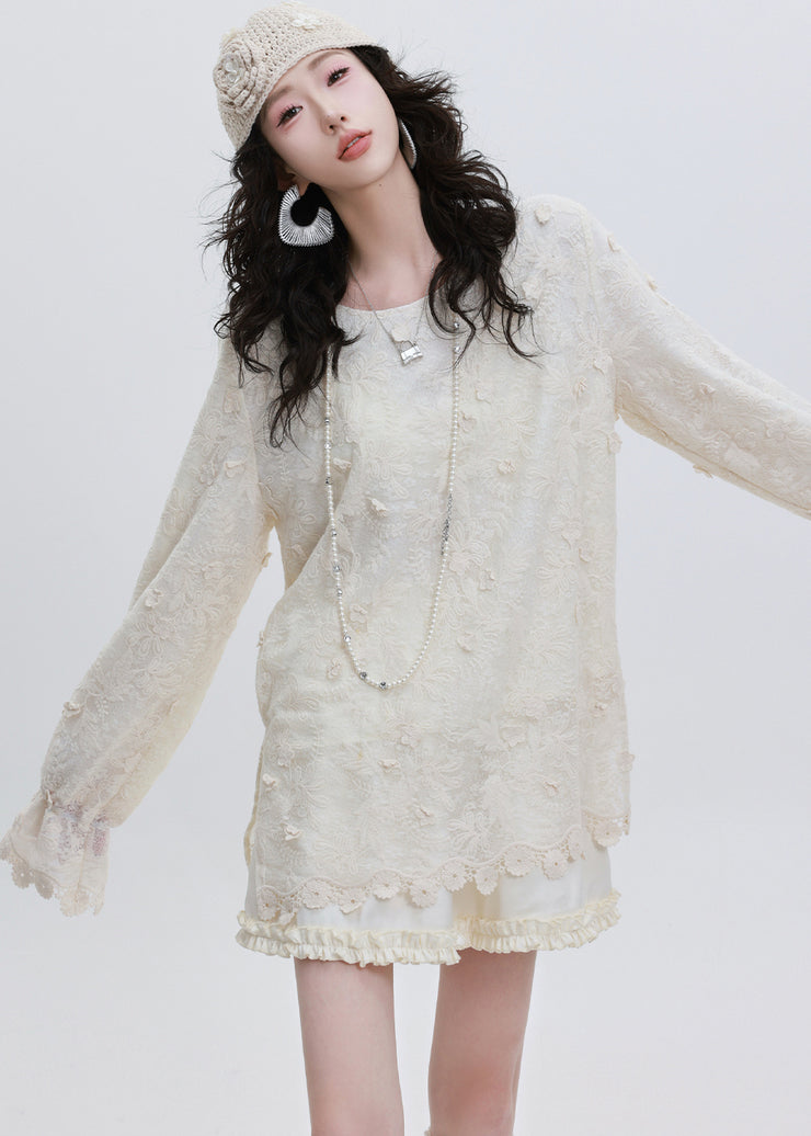 Classy White Embroidered Floral Lace Blouse Tops Spring
