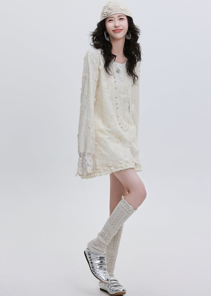 Classy White Embroidered Floral Lace Blouse Tops Spring