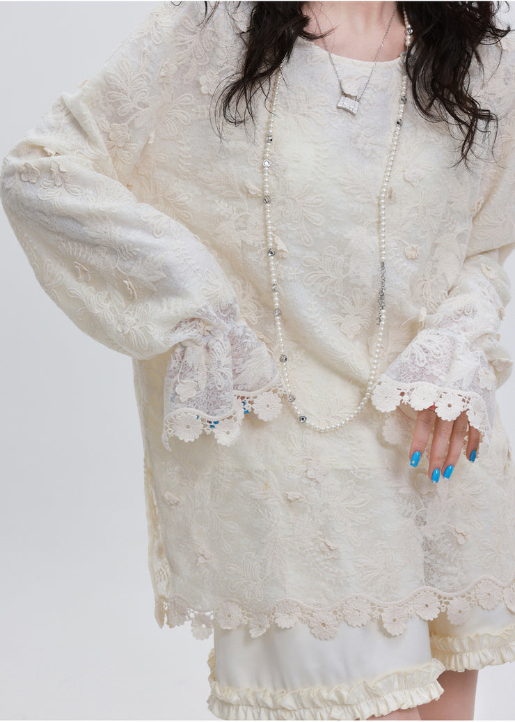 Classy White Embroidered Floral Lace Blouse Tops Spring