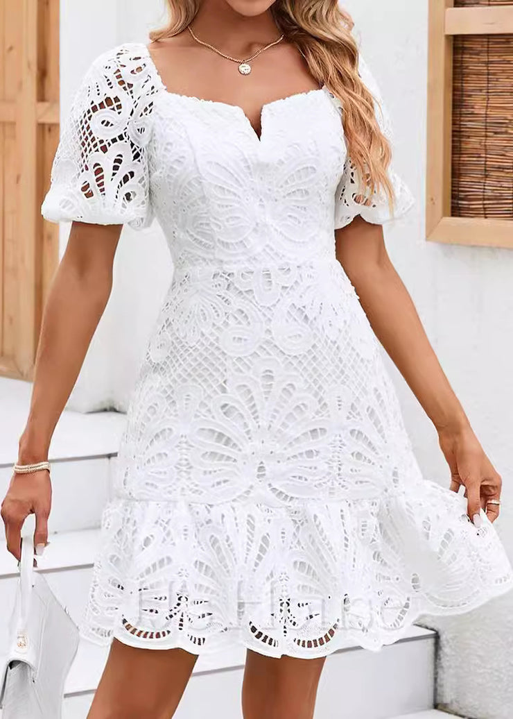 Classy White Hollow Out Lace Mid Dress Summer