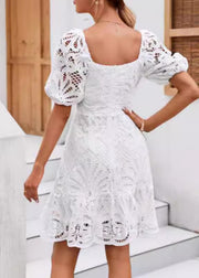 Classy White Hollow Out Lace Mid Dress Summer