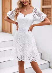 Classy White Hollow Out Lace Mid Dress Summer