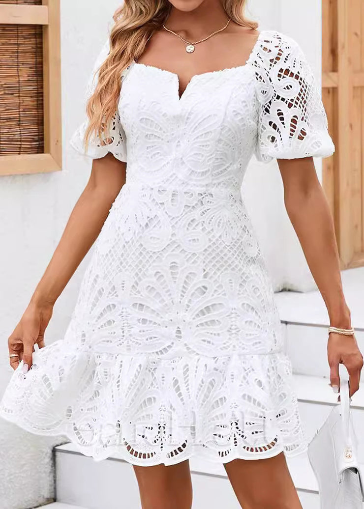 Classy White Hollow Out Lace Mid Dress Summer