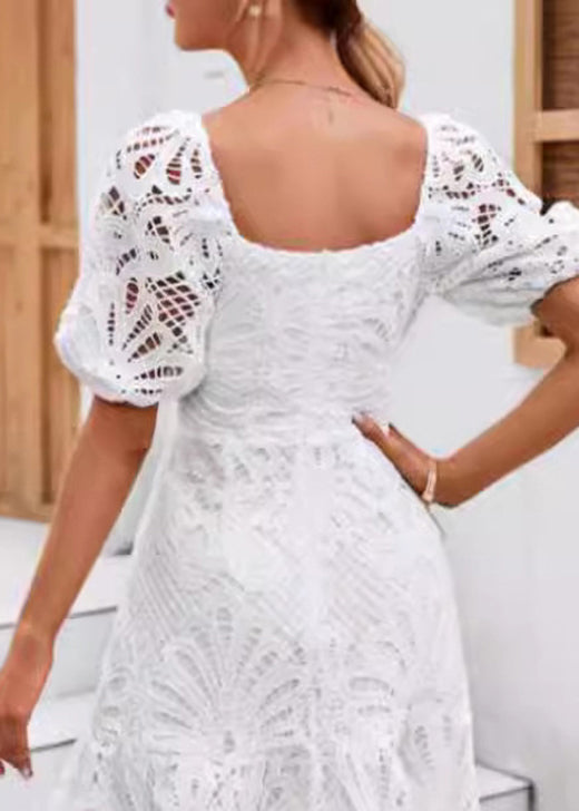 Classy White Hollow Out Lace Mid Dress Summer
