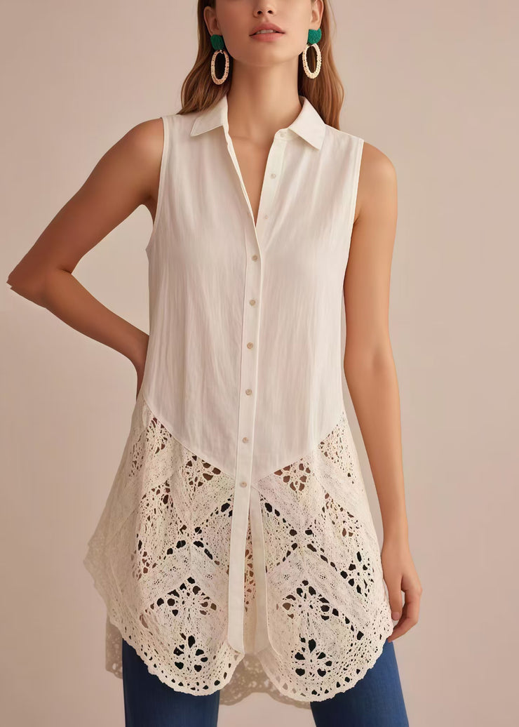 Classy White Hollow Out Patchwork Cotton Shirt Top Sleeveless