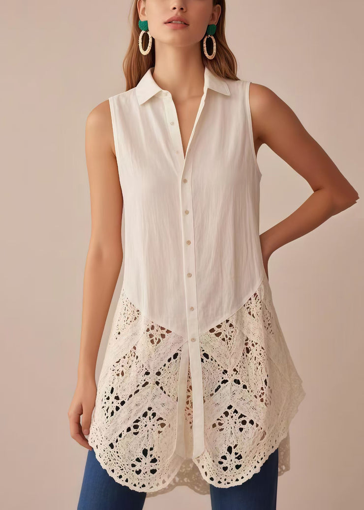 Classy White Hollow Out Patchwork Cotton Shirt Top Sleeveless