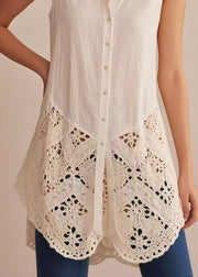 Classy White Hollow Out Patchwork Cotton Shirt Top Sleeveless