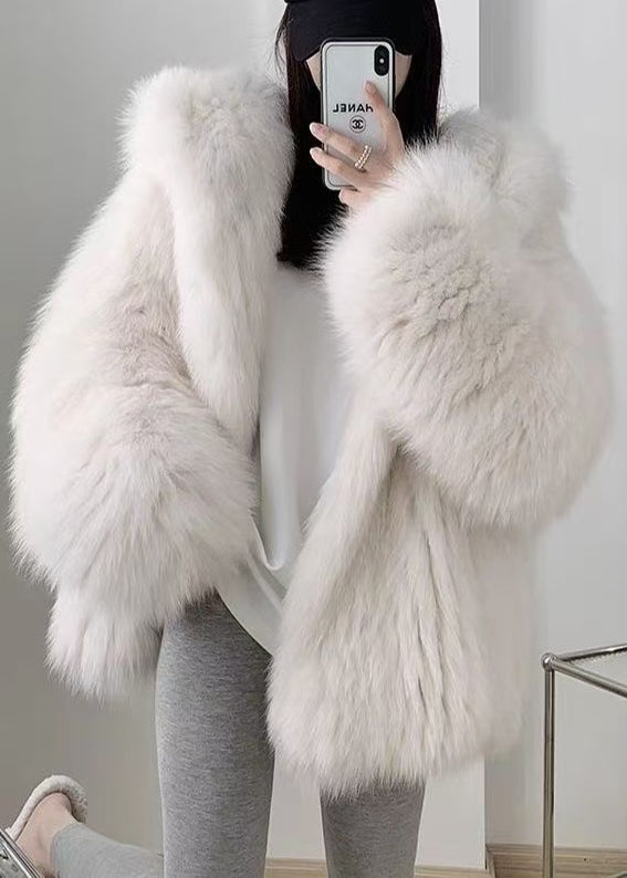 Classy White Hooded Oversized Warm Fine Fox Fur Coat Winter