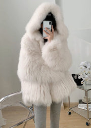 Classy White Hooded Oversized Warm Fine Fox Fur Coat Winter