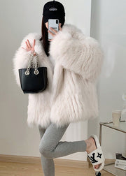 Classy White Hooded Oversized Warm Fine Fox Fur Coat Winter