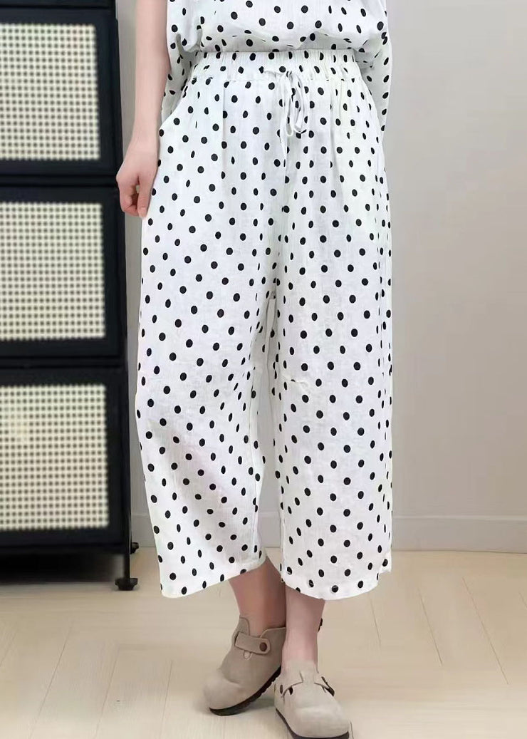 Classy White Oversized Dot Print Linen Wide Leg Pants Summer