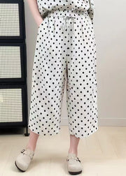 Classy White Oversized Dot Print Linen Wide Leg Pants Summer