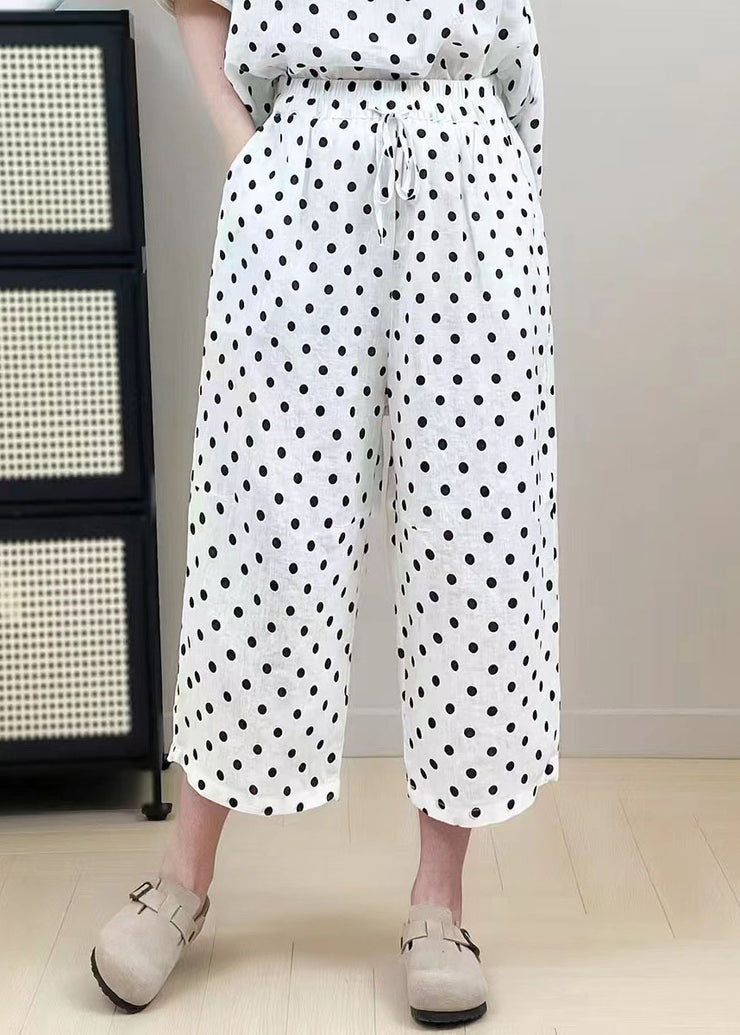 Classy White Oversized Dot Print Linen Wide Leg Pants Summer