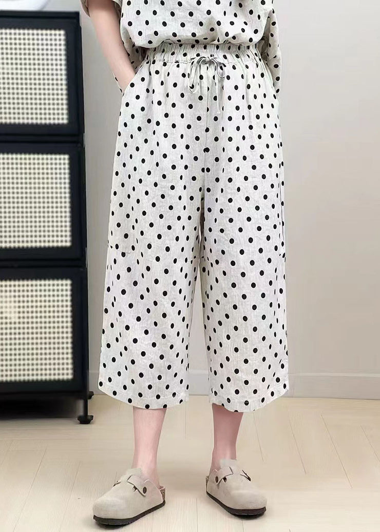 Classy White Oversized Dot Print Linen Wide Leg Pants Summer
