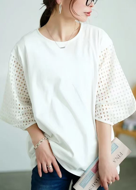 Classy White Oversized Patchwork Hollow Out Cotton Tank Tops Summer