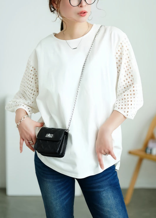 Classy White Oversized Patchwork Hollow Out Cotton Tank Tops Summer