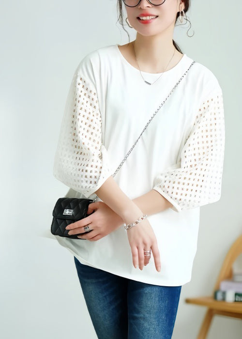 Classy White Oversized Patchwork Hollow Out Cotton Tank Tops Summer