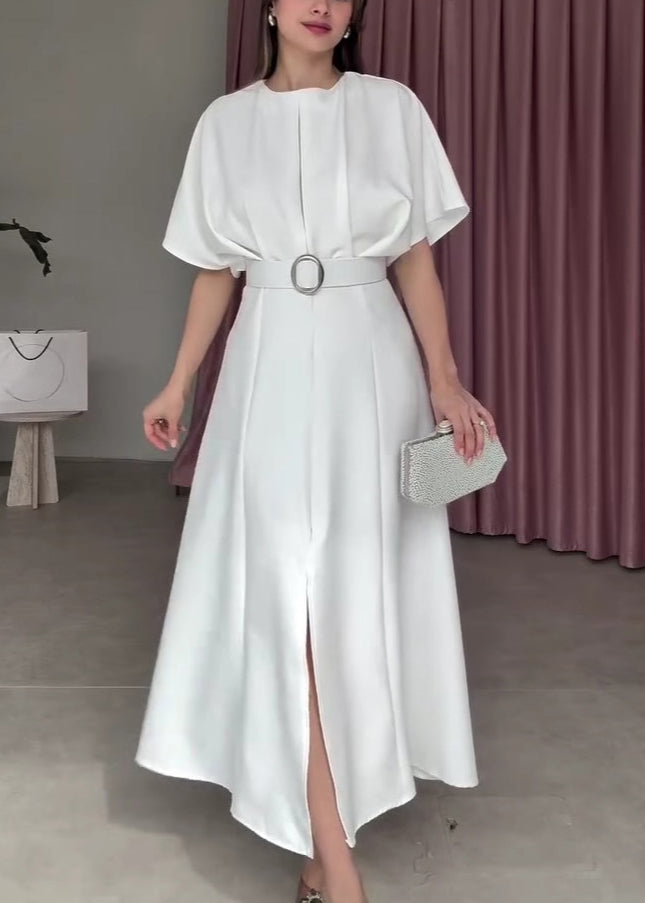 Classy White Patchwork Long Dresses Short Sleeve