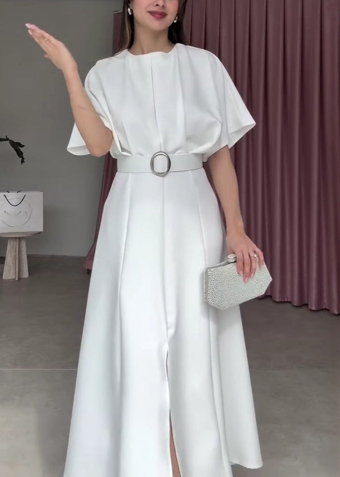 Classy White Patchwork Long Dresses Short Sleeve