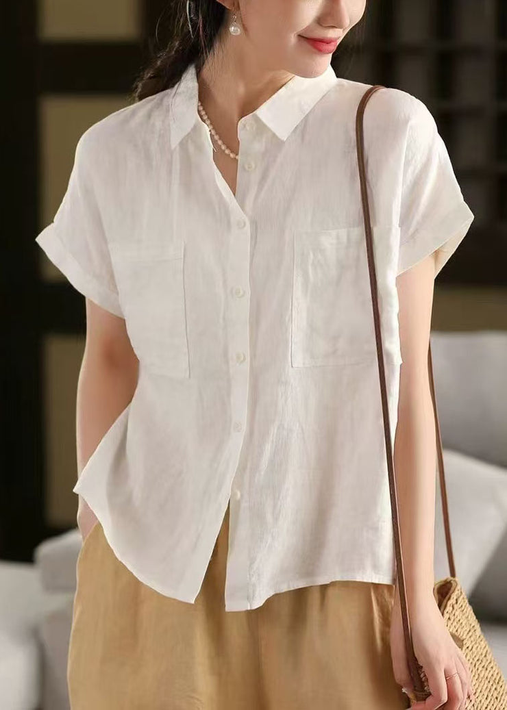 Classy White Peter Pan Collar Pockets Linen Shirt Top Summer