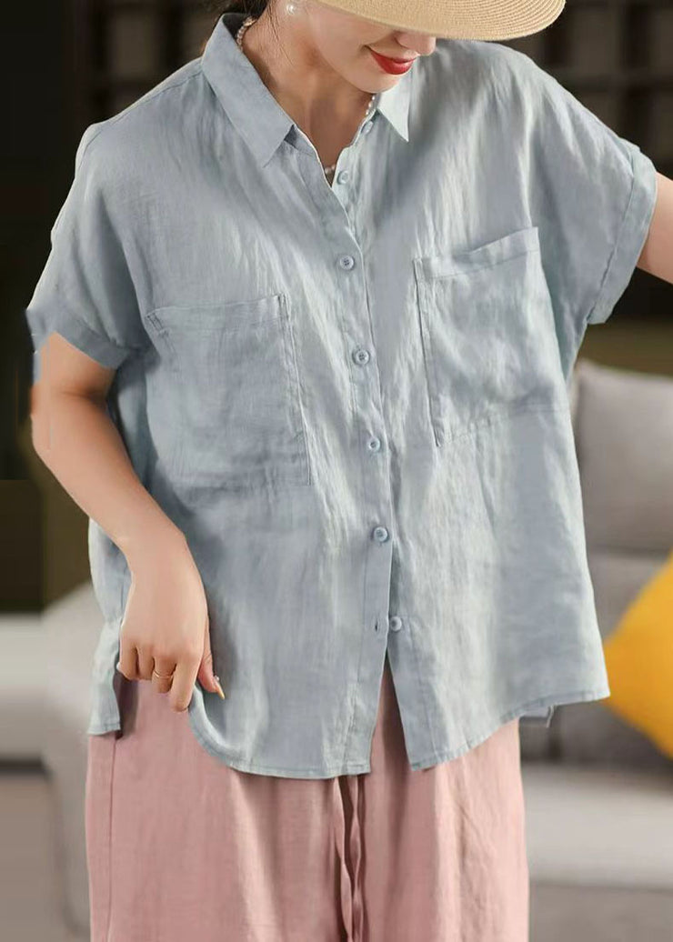 Classy White Peter Pan Collar Pockets Linen Shirt Top Summer