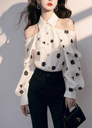 Classy White Peter Pan Collar Print Cold Shoulder Shirt Lantern Sleeve