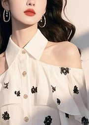 Classy White Peter Pan Collar Print Cold Shoulder Shirt Lantern Sleeve