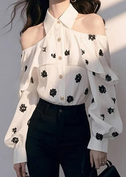 Classy White Peter Pan Collar Print Cold Shoulder Shirt Lantern Sleeve